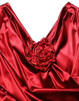 Dolce & Gabbana Red Silk Satin Draped Midi Floral Applique Dress