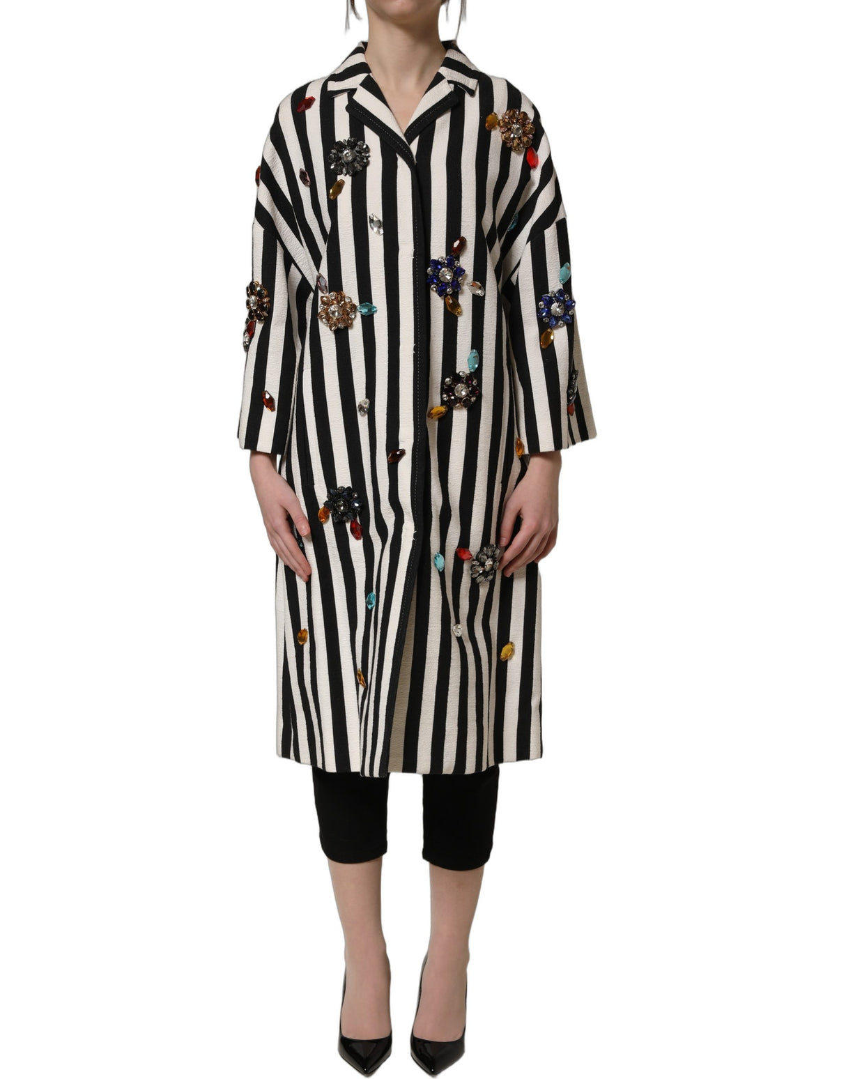Dolce & Gabbana Black White Striped Embellished Coat Jacket