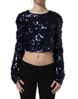 Dolce & Gabbana Blue Sequined Long Sleeves Crop Blouse Top