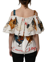 Dolce & Gabbana White Rooster Print Poplin Off The Shoulder Top