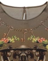 Dolce & Gabbana Brown Keys Roses Printed Silk Blouse Top