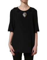 Dolce & Gabbana Black Floral Silk Heart Appliqué Blouse Top