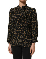 Dolce & Gabbana Black Keys Print Silk Tie Neck Blouse Top