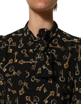 Dolce & Gabbana Black Keys Print Silk Tie Neck Blouse Top