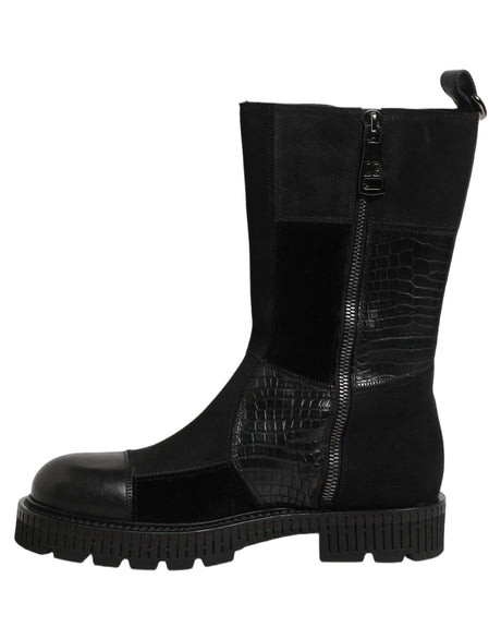 Dolce & Gabbana Black Patchwork Leather Mid Calf Boots Shoes