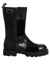 Dolce & Gabbana Black Patchwork Leather Mid Calf Boots Shoes