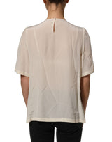 Dolce & Gabbana White Lace Trim Bow Short Sleeves Blouse Top