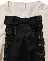 Dolce & Gabbana White Lace Trim Bow Short Sleeves Blouse Top