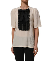 Dolce & Gabbana Beige Lace Trim Bow Short Sleeves Blouse Top