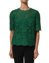 Dolce & Gabbana Green Floral Lace Round Neck Blouse Top