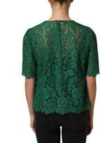 Dolce & Gabbana Green Floral Lace Round Neck Blouse Top