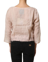 PINK MEMORIES Light Pink Linen V-Neck Long Sleeves Blouse Top