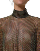Dolce & Gabbana Black Rhinestone Mesh Turtleneck Maxi Dress