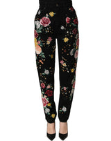 Dolce & Gabbana Black Floral Cotton High Waist Tapered Pants