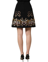 Dolce & Gabbana Black Floral Embellished A-line Mini Skirt