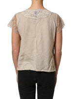 PINK MEMORIES Beige Cotton Lace Detailing Round Neck Top