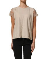 PINK MEMORIES Beige Cotton Lace Detailing Round Neck Top