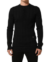 Dolce & Gabbana Black Silk Blend Henley Pullover Men Sweater