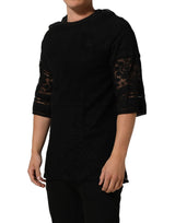 Dolce & Gabbana Black Cotton Floral Lace Crew Neck T-shirt