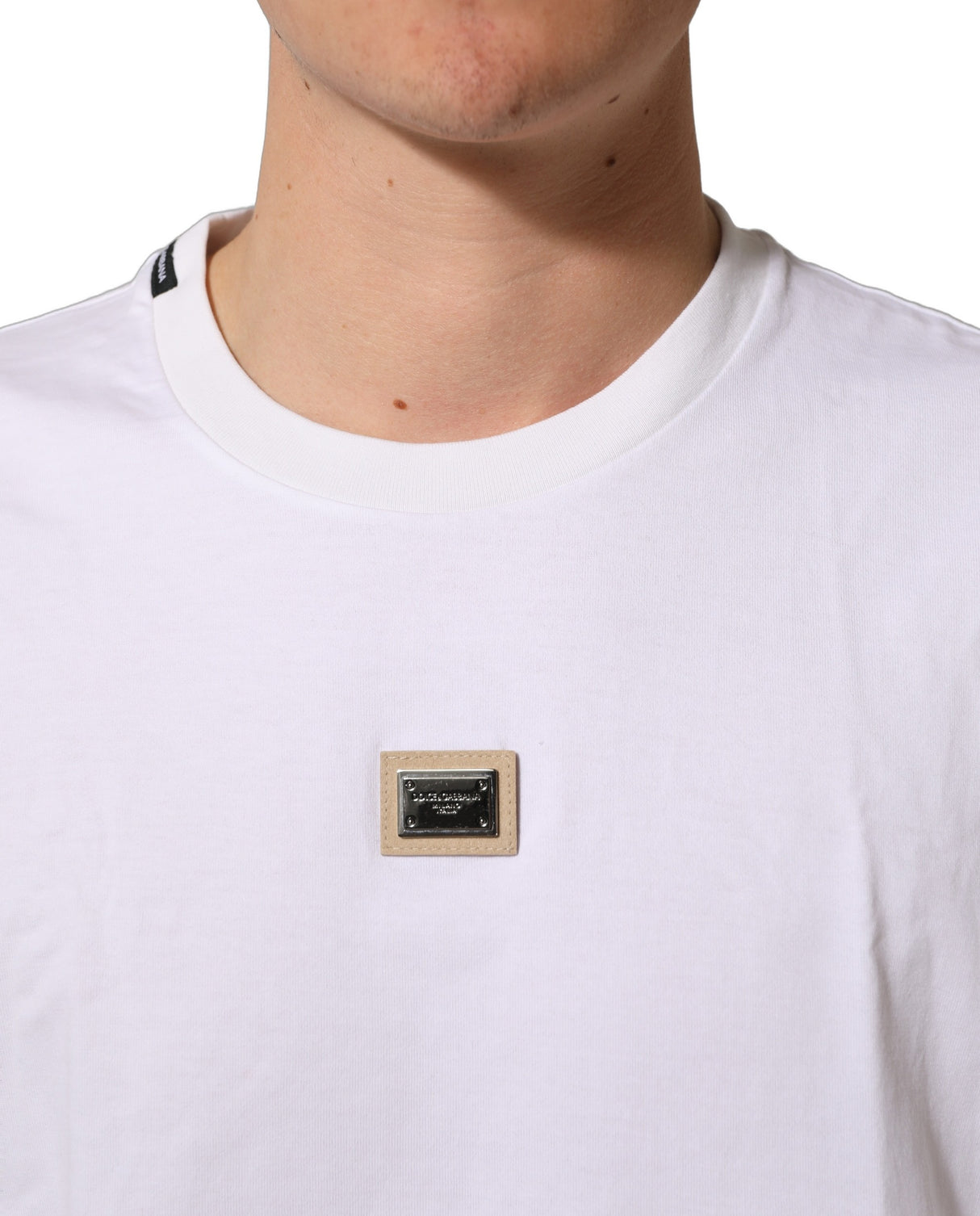 Dolce & Gabbana White Cotton Logo Plaque Crew Neck T-shirt