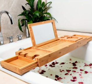 Wooden Bathroom Tray Stretchable Reading Rack Tablet Computer Stand Storage Box