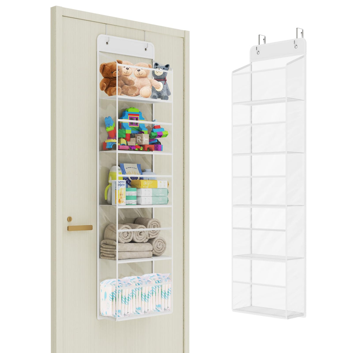 Univivi Over The Door Organizer Behind The Door Storage Baby Door Storage with 5 Clear Plastic Pockets & 2 Big Metal Hooks for Cosmetics Bathroom Nursery and Sundries