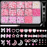 3D Nail Charms for Coquette Nails Design with Rhinestone Glue Set 2 White Pink Nail Bow Charms + Pearl Heart Star Moon Bowknot Nail Jewels + 3D Flowers and Pearls with Picker Tools for Nail Decor