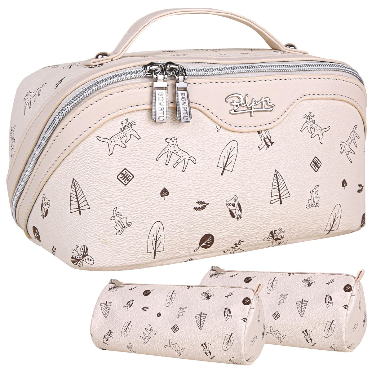 Travel Makeup Bags Cosmetic Organizer Bag: Large Capacity Make up Bag Set of 3 - Vegan Leather Toiletry Bag for Women - Portable Makeup Organizer with Compartments & Handle & Divider (Off-white)