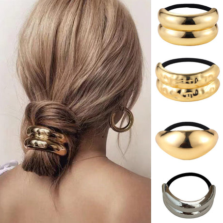 papasgix Metal Hair Ties Metal Geometric Elastic Hair Ties Hair Cuff Wrap Hair Ties for Thick Hair Elastic Hair Ties for Women Hair Accessories (Gold+Silver-3)