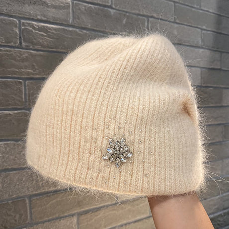 Women's Thick Rabbit Hair Knitted Hat with Rhinestones