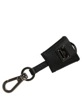 Dolce & Gabbana Black Dauphine Leather Silver Metal Logo Plaque Keyring