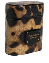 Dolce & Gabbana Brown Leopard Calf Leather Metal Logo Plaque Airpods Case