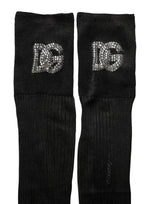Dolce & Gabbana Black DG Logo Rhinestones Stretch Thigh High Socks