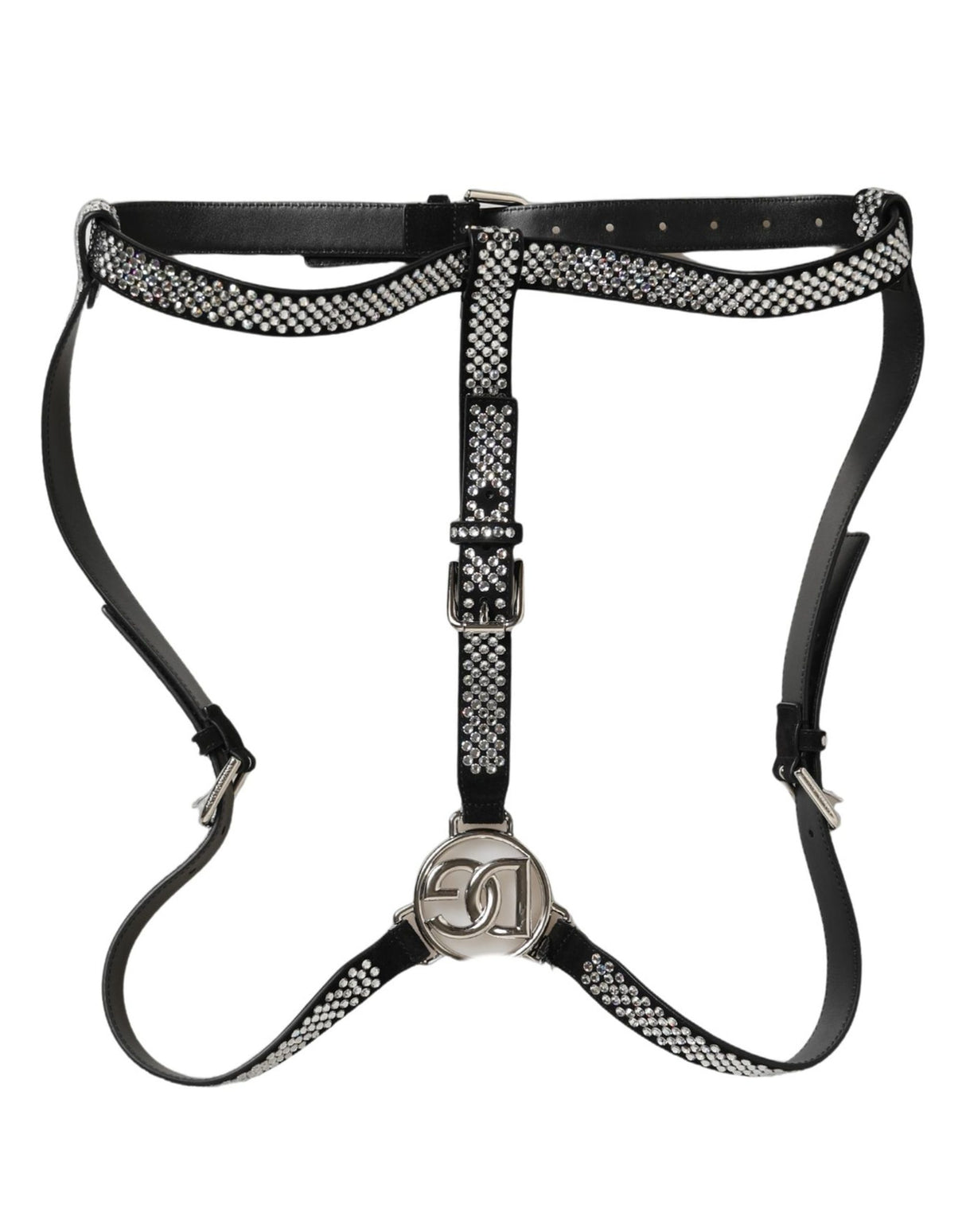 Dolce & Gabbana Black Leather Rhinestones Embellished Men Suspender