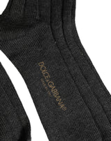 Dolce & Gabbana Dark Gray Wool Logo Calf Long Ribbed Accessory Socks