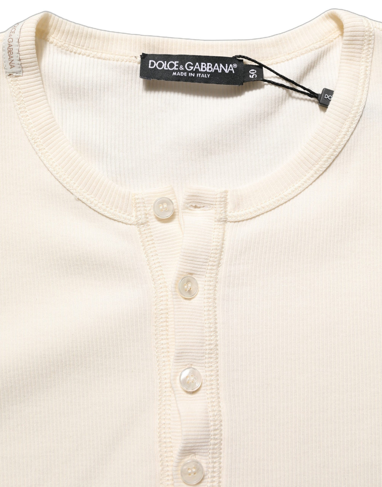 Dolce & Gabbana Off White Cotton Henley Long Sleeves T-shirt