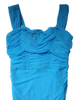 Dolce & Gabbana Blue Ruched Tulle Midi Square Neck Dress