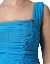 Dolce & Gabbana Blue Ruched Tulle Midi Square Neck Dress