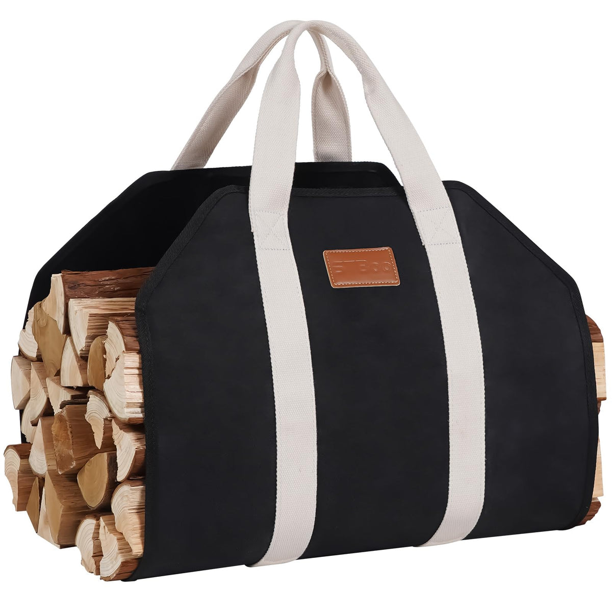 STBoo Firewood Carrier Waxed Canvas: Log Carrier for Firewood Heavy Duty | Fire Wood Carrier Tote Bag | Fireplace Log Holders for Firepit Outdoor Camping BBQ Wood Stove Accessories Gift Black