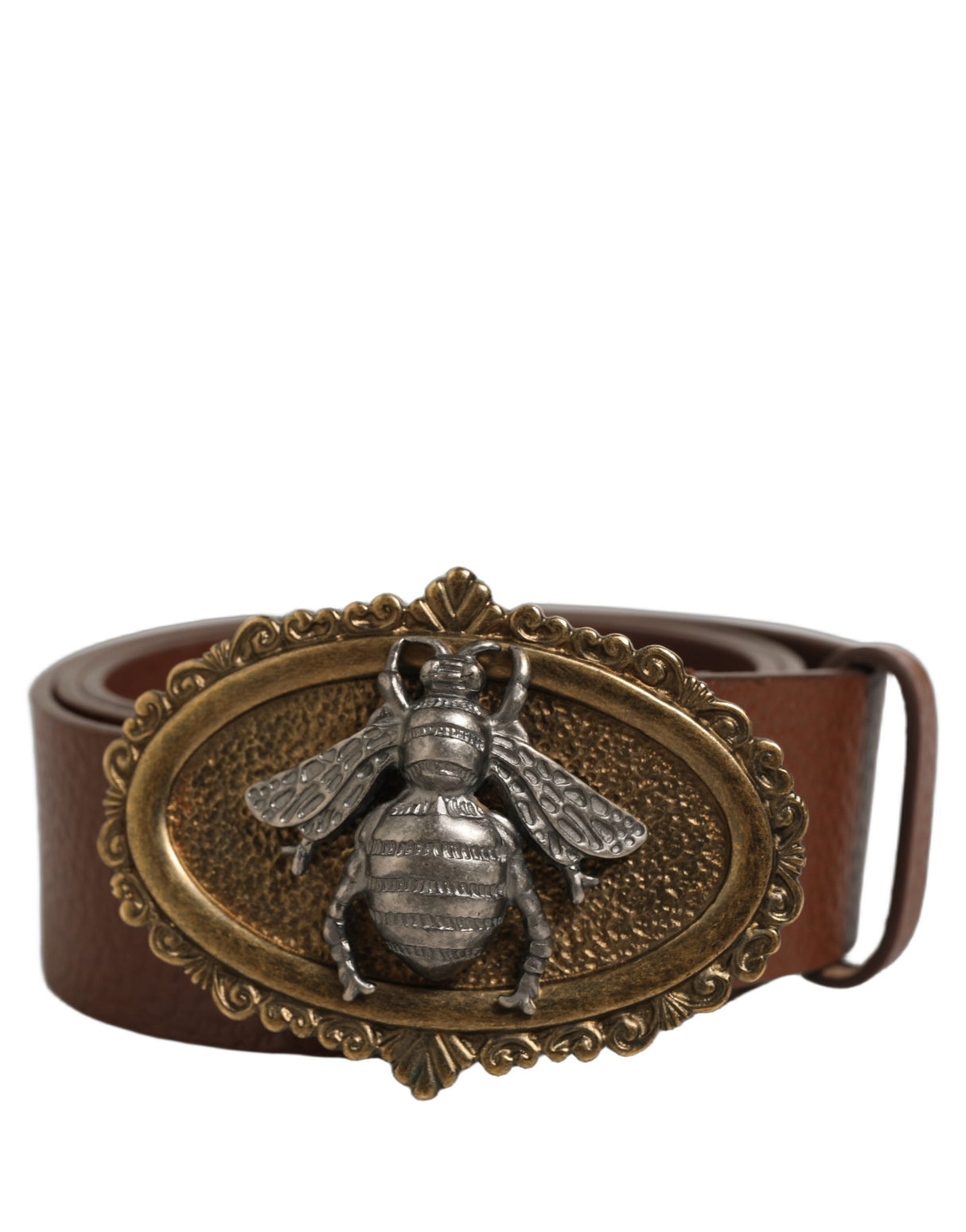 Dolce & Gabbana Brown Leather Bee Accent Metal Buckle Belt
