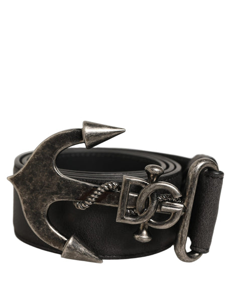 Dolce & Gabbana Black Leather Anchor Logo Metal Buckle Belt