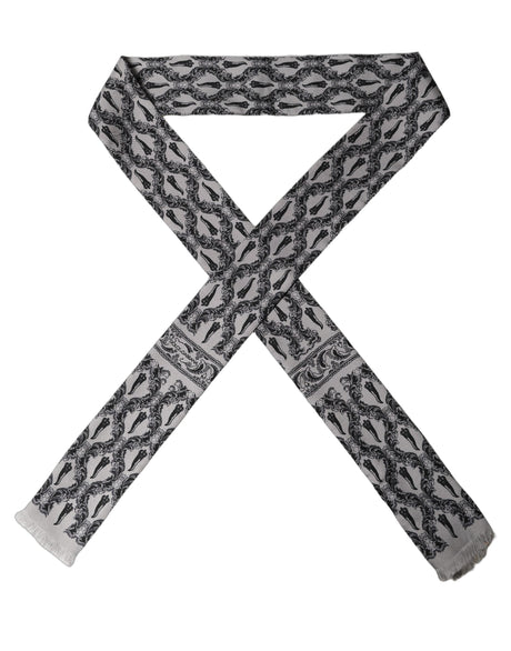 Dolce & Gabbana Gray Baroque Silk Fringed Skinny Foulard Scarf