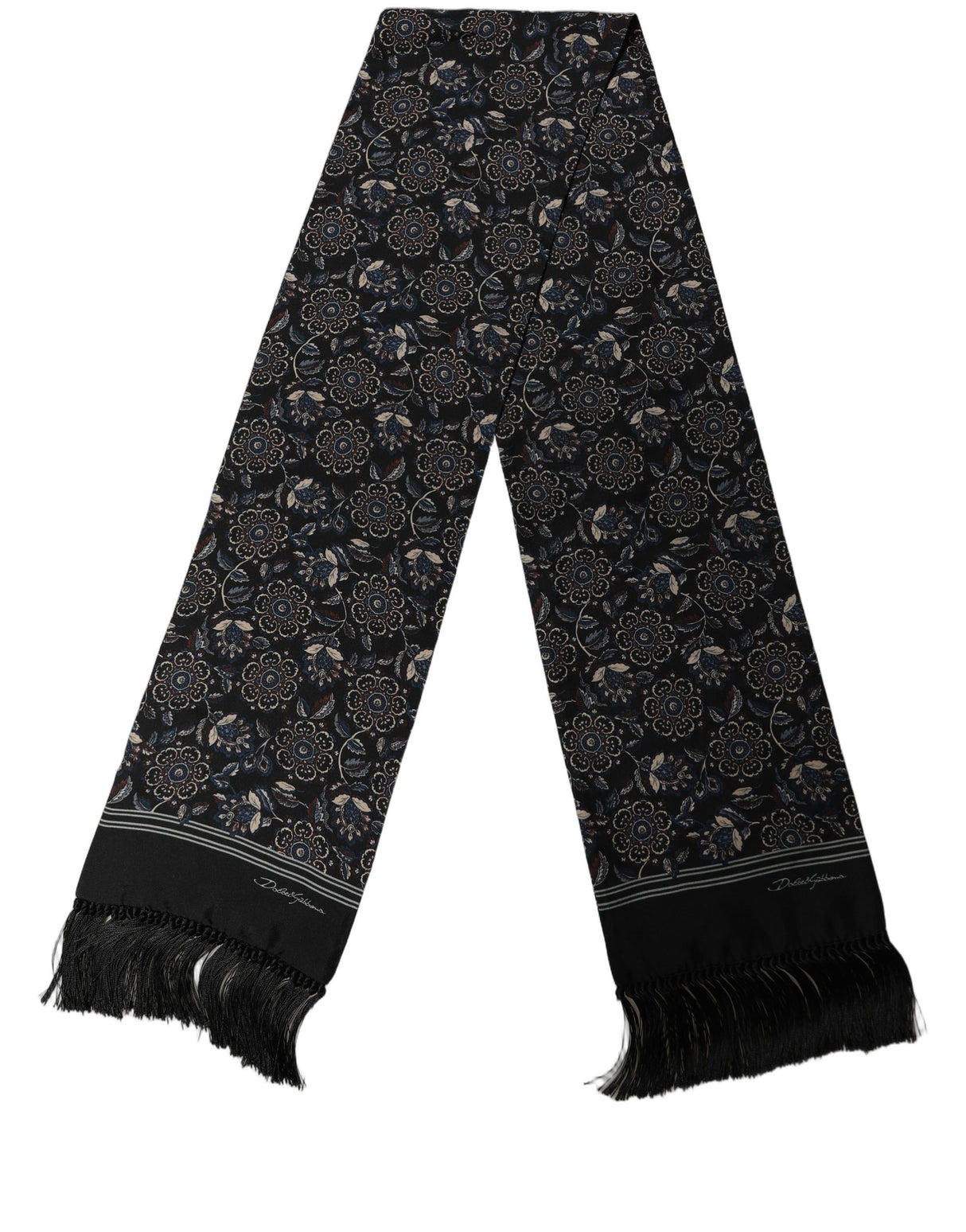 Dolce & Gabbana Black Silk Floral Paisley Fringed Shawl Scarf
