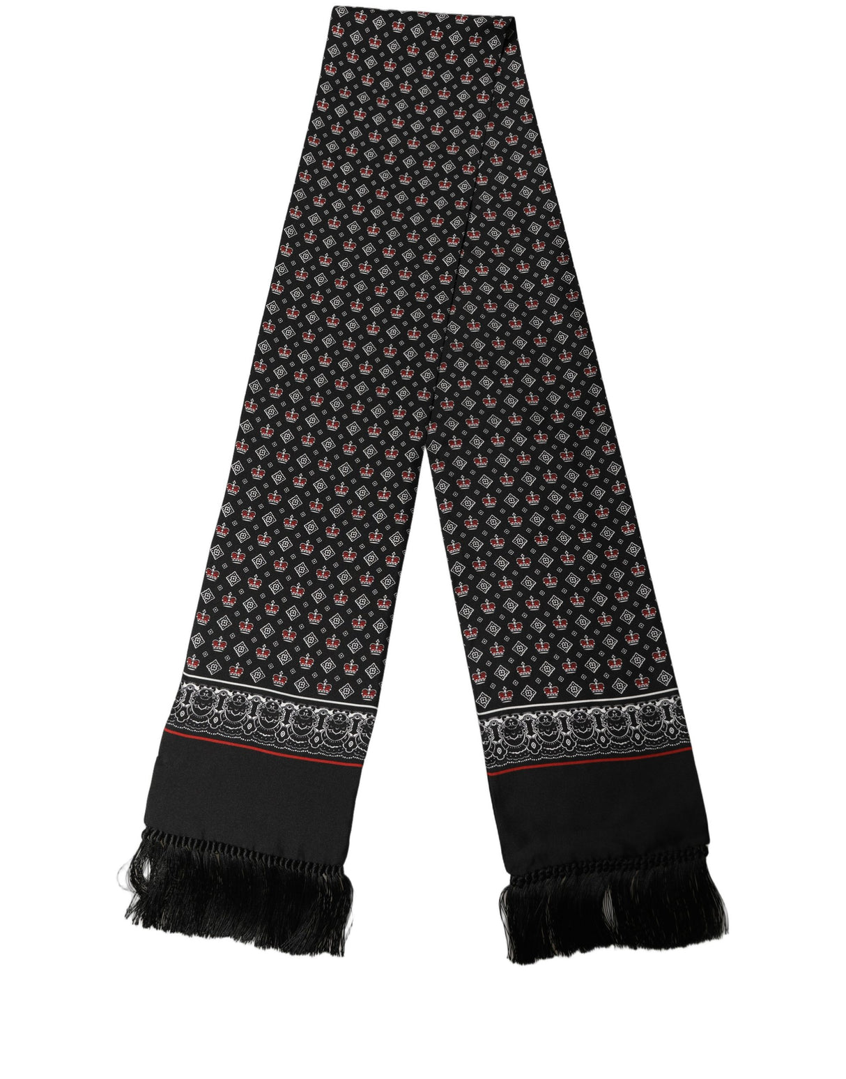 Dolce & Gabbana Black Silk Crown Fringed Neck Shawl Scarf