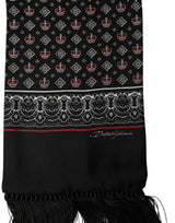 Dolce & Gabbana Black Silk Crown Fringed Neck Shawl Scarf