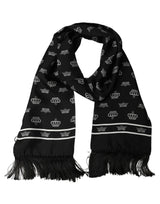 Dolce & Gabbana Black Silk Crown Fringed Neck Shawl Scarf