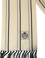 Dolce & Gabbana Beige Silk Striped Fringed Neck Shawl Scarf