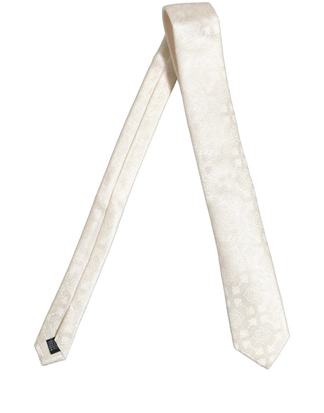 Dolce & Gabbana Off White Silk Damask Woven Adjustable Tied Necktie Tie