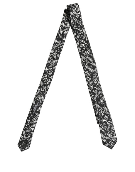 Dolce & Gabbana Black Musical Instrument Silk Adjustable Tied Necktie Tie