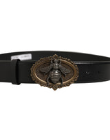 Dolce & Gabbana Black Leather Bee Accent Metal Buckle Belt